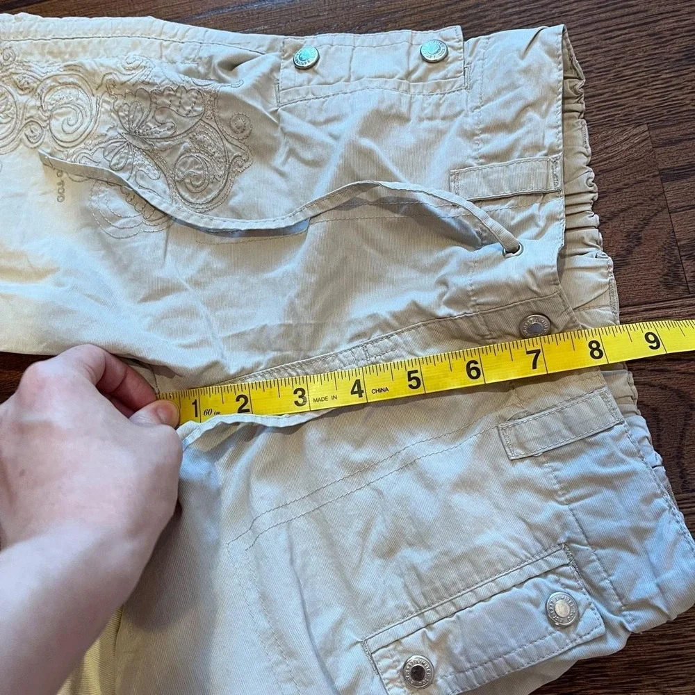 ⭐Y2K Girls Cream Khaki Floral Embroidery Utility Pants Cinched Tie Hem Size 7
